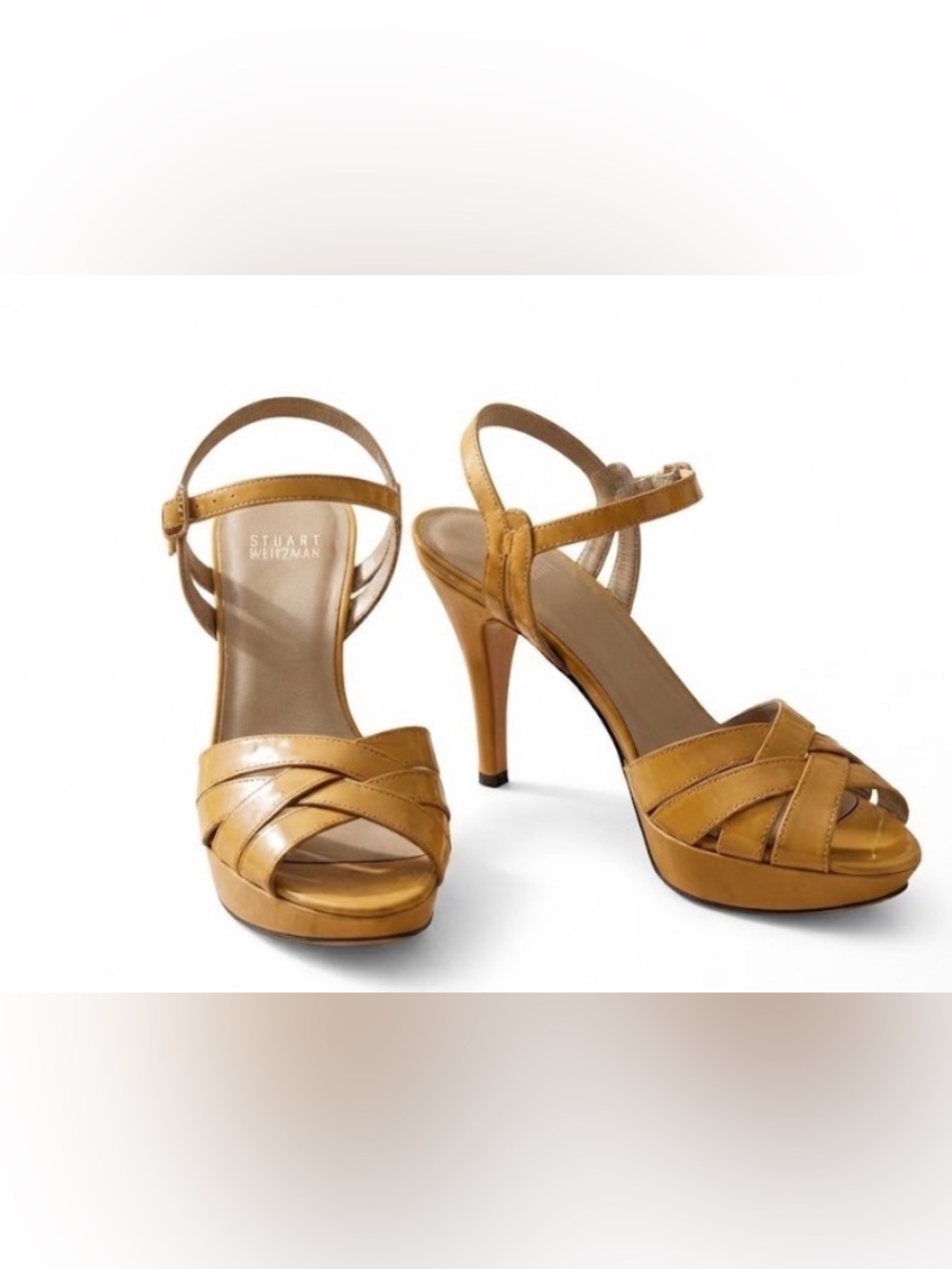 Stuart Weitzman Mustard Yellow Patent Crisscross Platform Sandals
